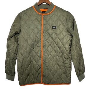 Vans Quilted Bomber Jacket Mens Medium Olive Green Orange Trim Button Up‎ Casual
